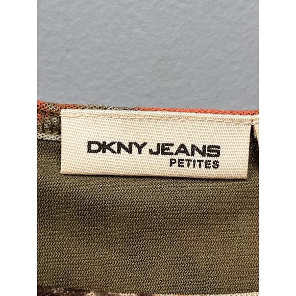 DKNY Jeans Petite Top Womens Small Y2K Brown Tan Peach‎ Ruffle Animal Print - Picture 4 of 9